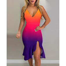 Ombre Slit Ruffle Hem Cami Bodycon Dress - Multicolor