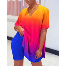 Ombre Slit Top & High Waist Short Set - Multicolor