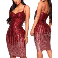 Ombre Spaghetti Strap Sequin Party Dress - Wine red