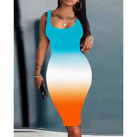 Ombre U-Neck Sleeveless Bodycon Dress - Multicolor