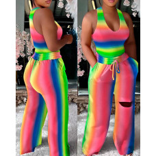 Ombre U-Neck Tank & Drawstring Cutout Wide Leg Pants Set - Multicolor