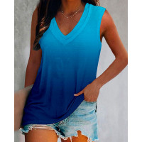 Ombre V-Neck Casual Tank Top - blue