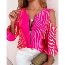 Ombre Zebra Stripe Print Cold Shoulder Top - hot pink