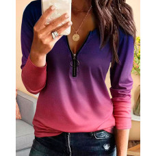 Ombre Zip Front Long Sleeve Top - Multicolor