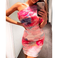 One Shoulder Abstract Print Ruched Bodycon Dress - pink