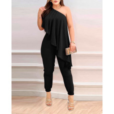 One Shoulder Asymmetrical Ruffles Jumpsuit - black