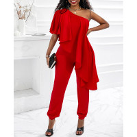 One Shoulder Asymmetrical Ruffles Jumpsuit - red