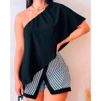 One Shoulder Asymmetrical Top & Houndstooth Print Skorts Set - black