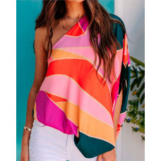 One Shoulder Batwing Sleeve Colorblock Top - Multicolor