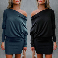 One Shoulder Batwing Sleeve Mini Dress - black