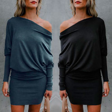 One Shoulder Batwing Sleeve Mini Dress - black