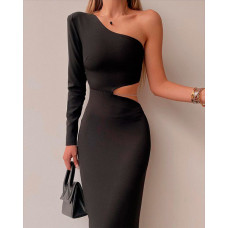 One Shoulder Chain Decor Cutout Bodycon Dress - black