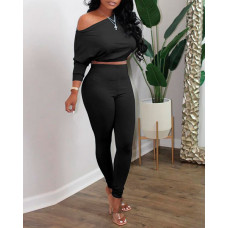 One Shoulder Crop Top & High Waist Pants Set - black