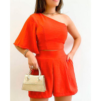 One Shoulder Crop Top & High Waist Shorts Set - orange