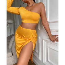 One Shoulder Crop Top & Twist Ruched Split Thigh Skirt Set - yellow