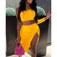 One Shoulder Crop Top & Twisted High Slit Skirt Set - yellow