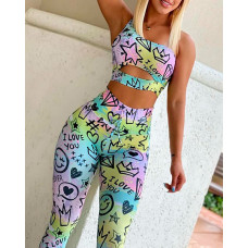 One Shoulder Cutout Allover Cartoon Print Active Sets - Multicolor