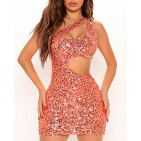 One Shoulder Cutout Allover Sequin Party Dress - pink