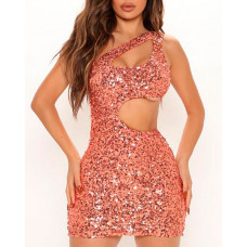 One Shoulder Cutout Allover Sequin Party Dress - pink