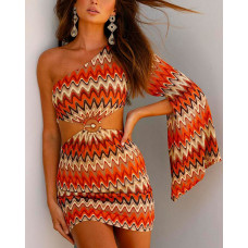 One Shoulder Cutout Chevron Print Dress - Multicolor