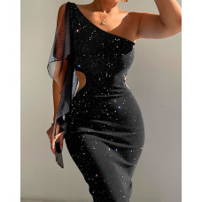 One Shoulder Cutout Glitter Bodycon Dress - black