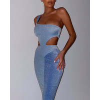 One Shoulder Cutout Glitter Bodycon Dress - blue