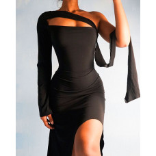 One Shoulder Cutout High Slit Dress - black