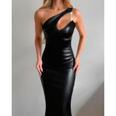 One Shoulder Cutout PU Leather Bodycon Dress - black