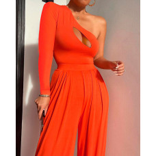 One Shoulder Cutout Ruched Wide Leg Jumpsuit - orange