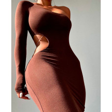 One Shoulder Cutout Skinny Maxi Dress - brown