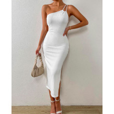 One Shoulder Cutout Slit Bodycon Dress - white