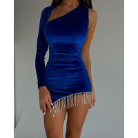 One Shoulder Cutout Tassel Trim Velvet Bodycon Dress - blue