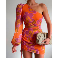 One Shoulder Drawstring Cutout Floral Print Party Dress - orange