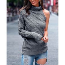 One Shoulder Embroidered Neck Sweater - gray