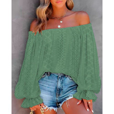 One Shoulder Eyelet Embroidery Lantern Sleeve Top - green