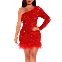 One Shoulder Feather Detail Party Sequin Dress - red