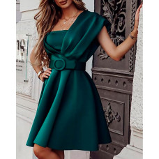 One Shoulder Flared Party Dress With Belt - green