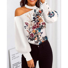 One Shoulder Floral Print Lantern Sleeve Top - white