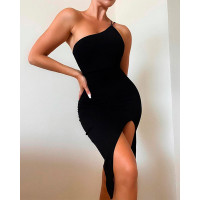 One Shoulder High Slit Bodycon Dress - black