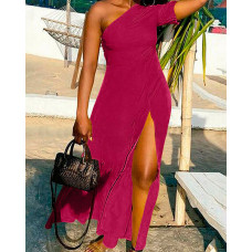 One Shoulder High Slit Maxi Dress - Wine red