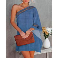 One Shoulder Hollow Out Casual Dress - blue