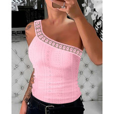 One Shoulder Lace Patch Eyelet Embroidery Top - pink