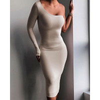 One Shoulder Long Sleeve Bodycon Dress - light gray