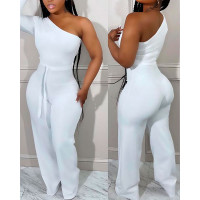 One Shoulder Long Sleeve Jumpsuit - white