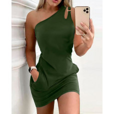 One Shoulder O-Ring Decor Casual Dress - Army green