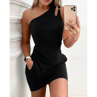 One Shoulder O-Ring Decor Casual Dress - black