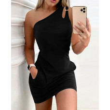 One Shoulder O-Ring Decor Casual Dress - black