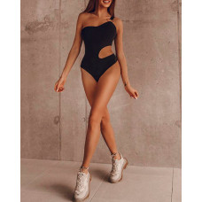 One Shoulder O-Ring Decor Cutout Bodysuit - black