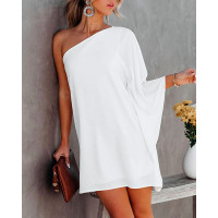 One Shoulder Plain Casual Dress - white