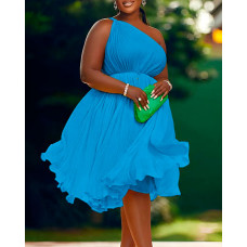 One Shoulder Pleated Party Dress - blue